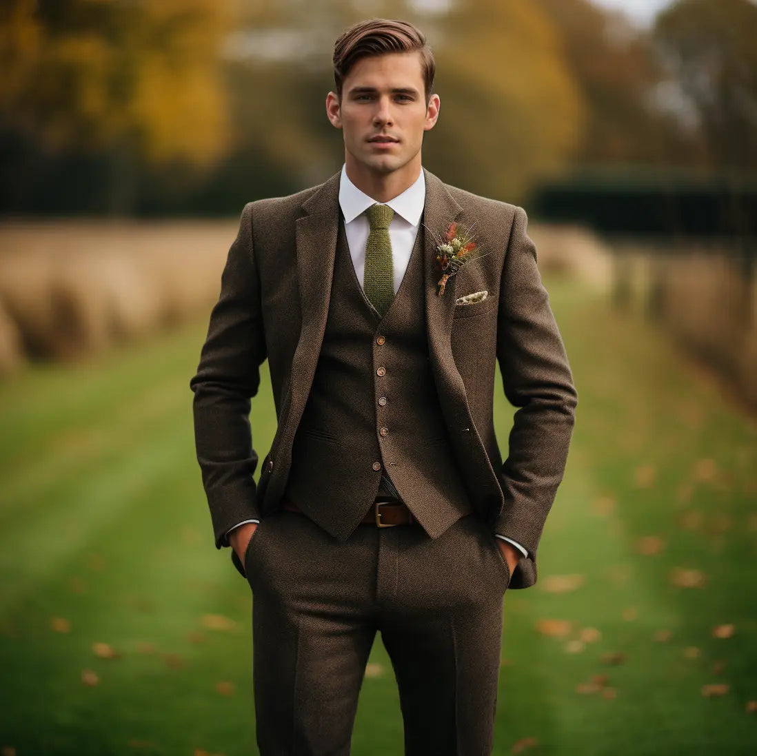 Men's Suit 3-Piece Military Green Tweed