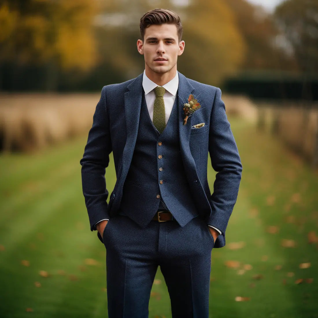 Men's Suit 3-Piece Military Green Tweed