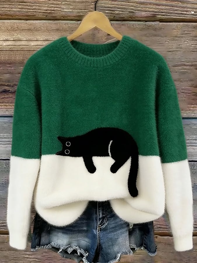 Women's Casual Cat-Print Pullover Sweater