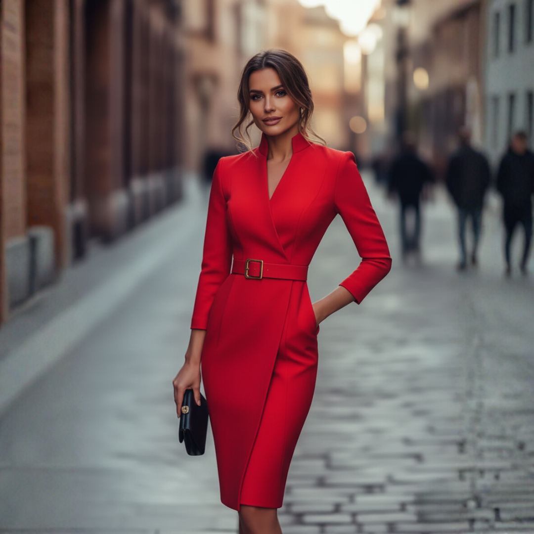 Elegant V-Neck Belted Sheath Midi Dress