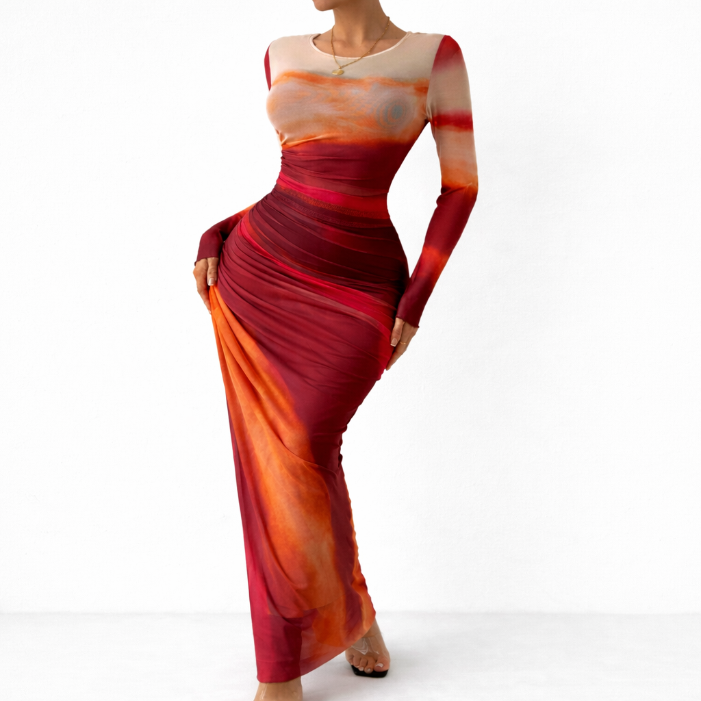 Elegant Ombre Ruched Long Sleeve Maxi Dress