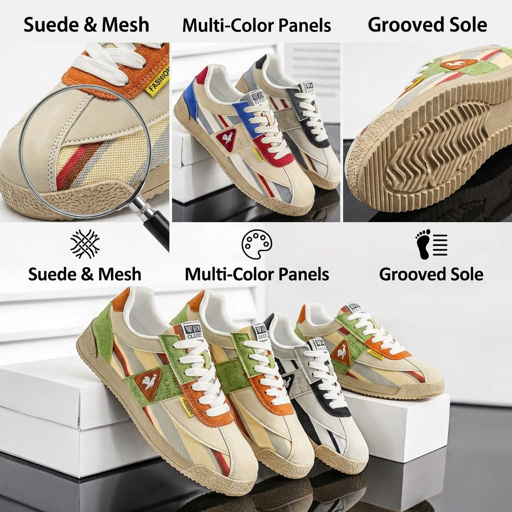 Sneakers in Retro Suede and Mesh with Sculpted Non-Slip Sole
