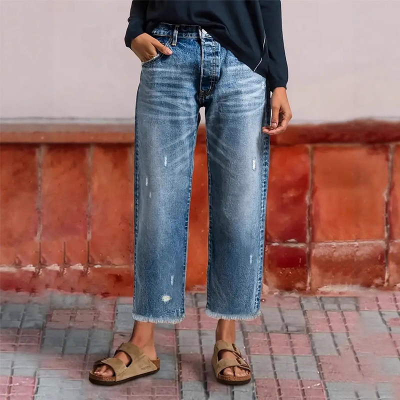 Women's High-Waisted Distressed Blue Denim Mom Jeans