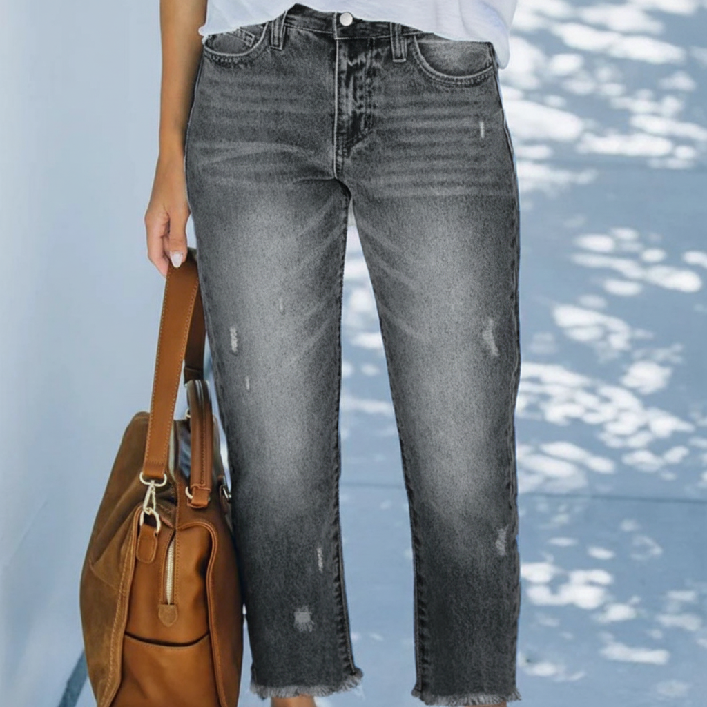 Baggy Jeans Women High Waist Washed Denim Frayed Hem