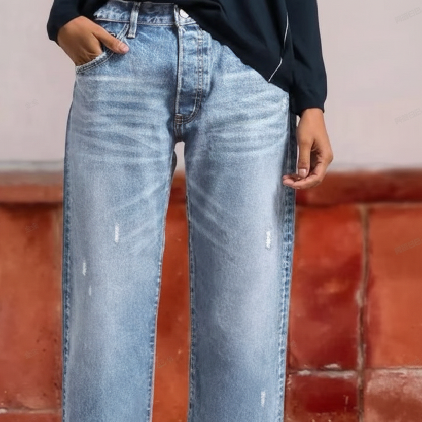 Baggy Jeans Women High Waist Washed Denim Frayed Hem