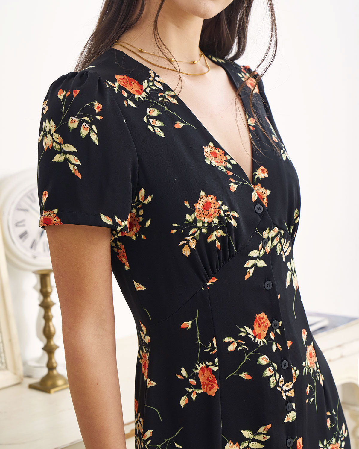 Elegant Black Floral Short Sleeve Midi Dress