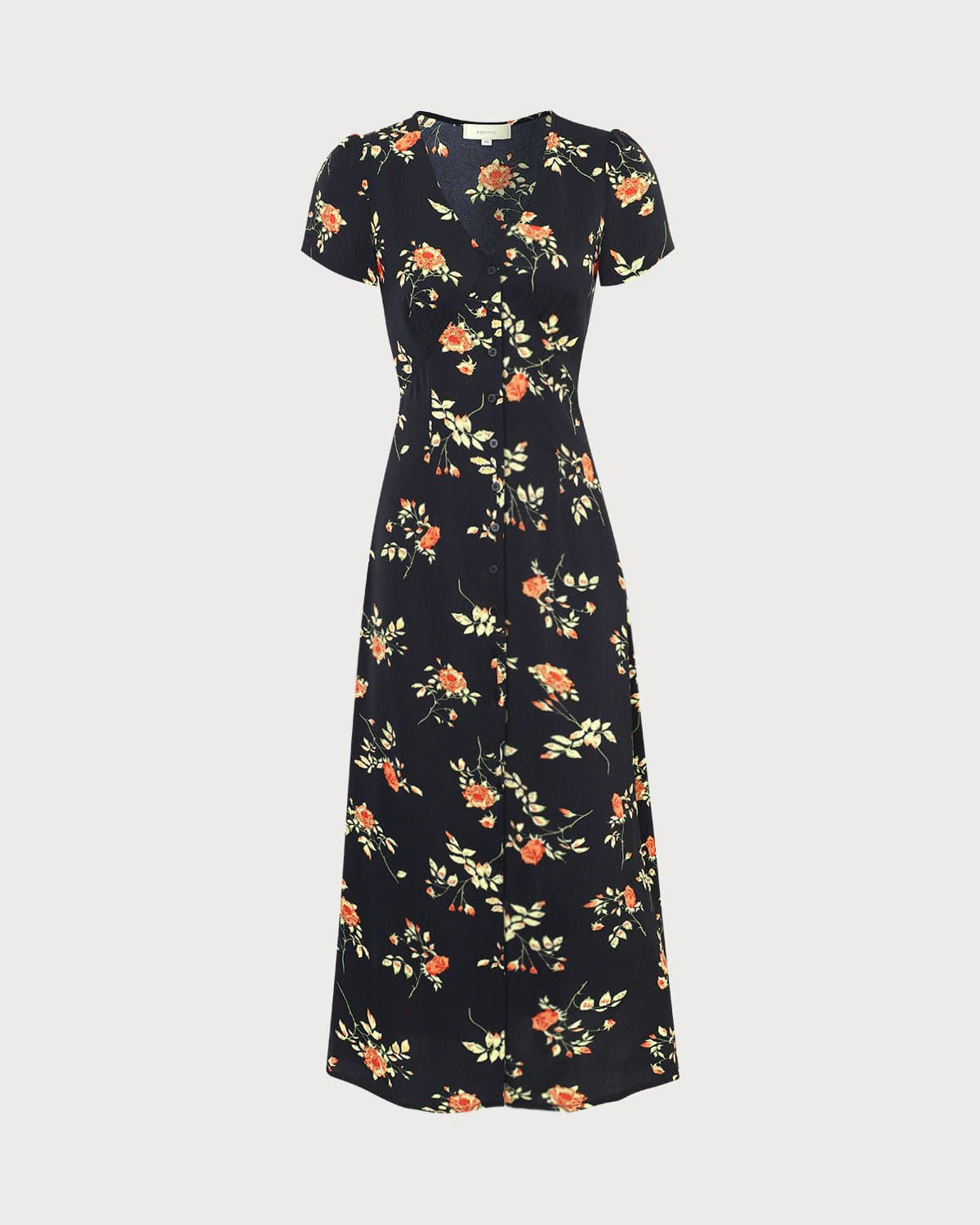 Elegant Black Floral Short Sleeve Midi Dress