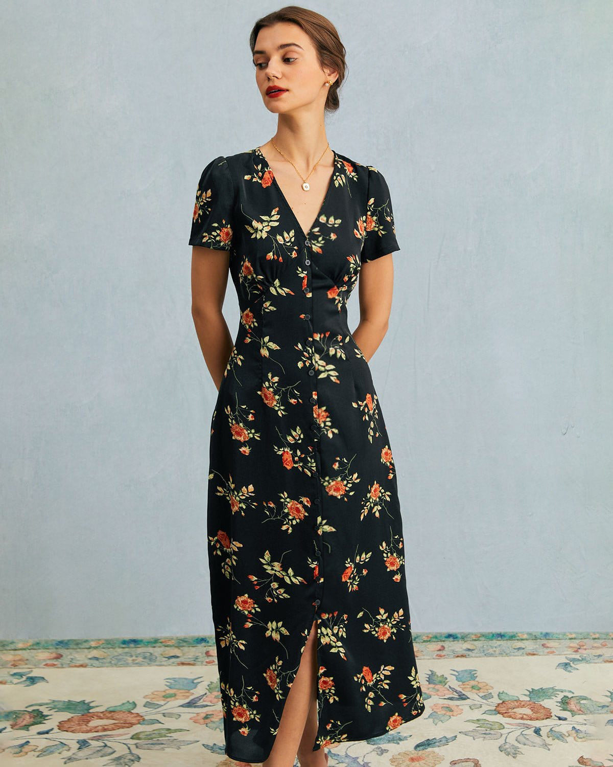Elegant Black Floral Short Sleeve Midi Dress