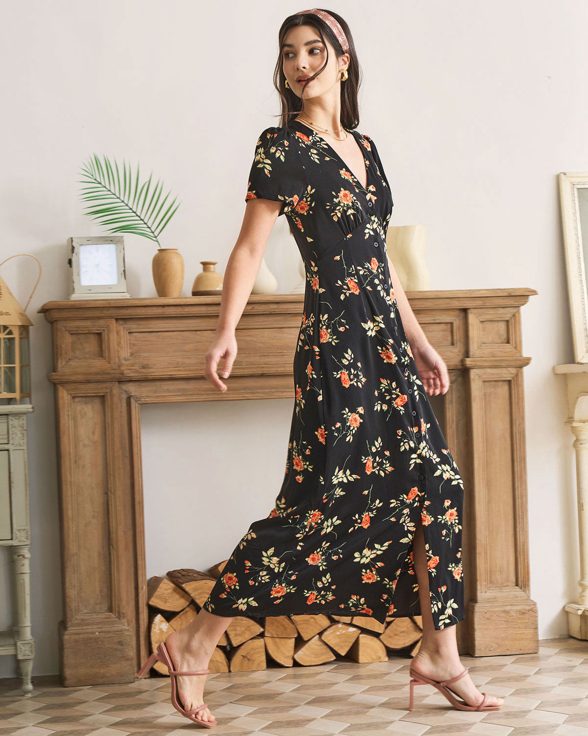 Elegant Black Floral Short Sleeve Midi Dress