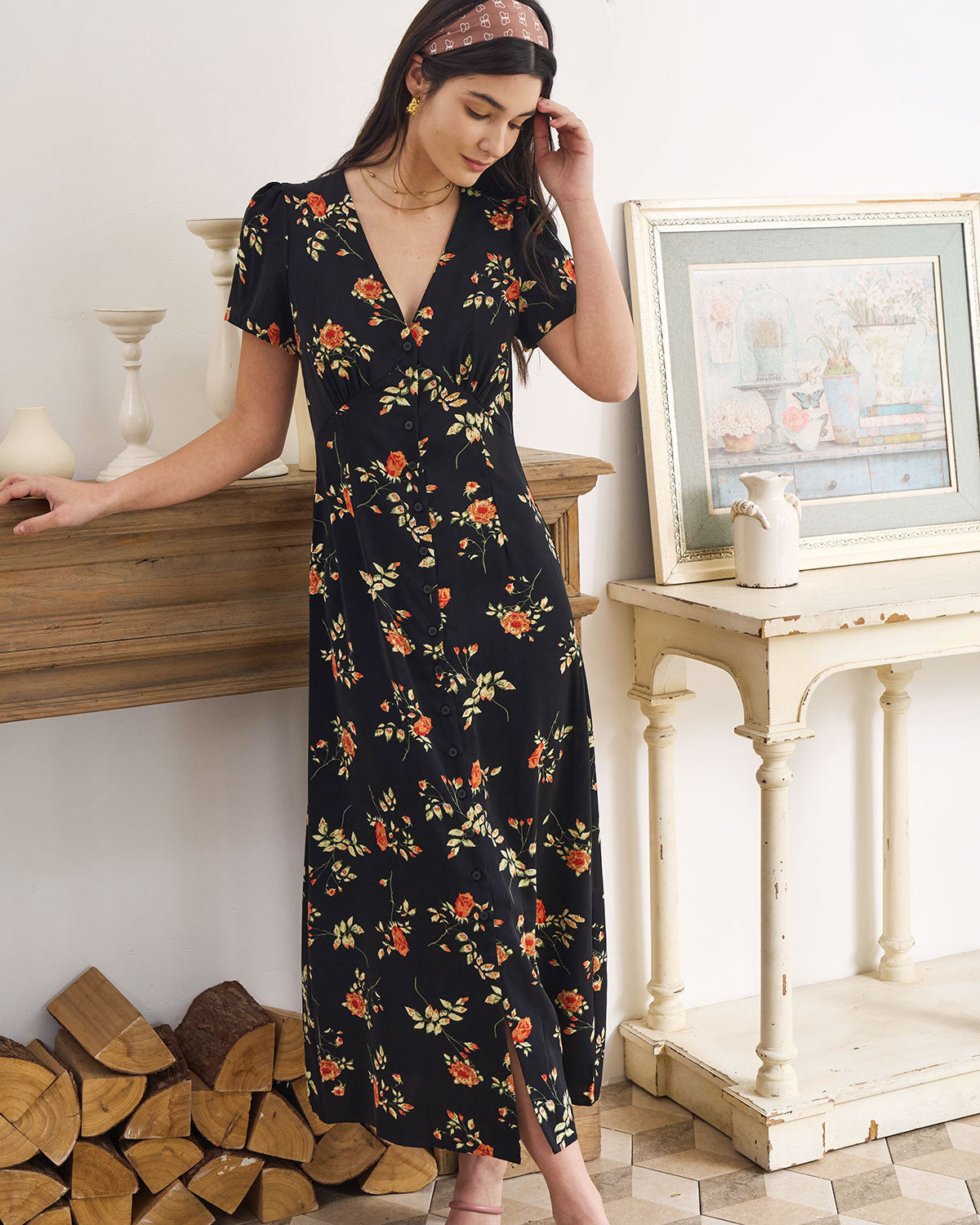 Elegant Black Floral Short Sleeve Midi Dress