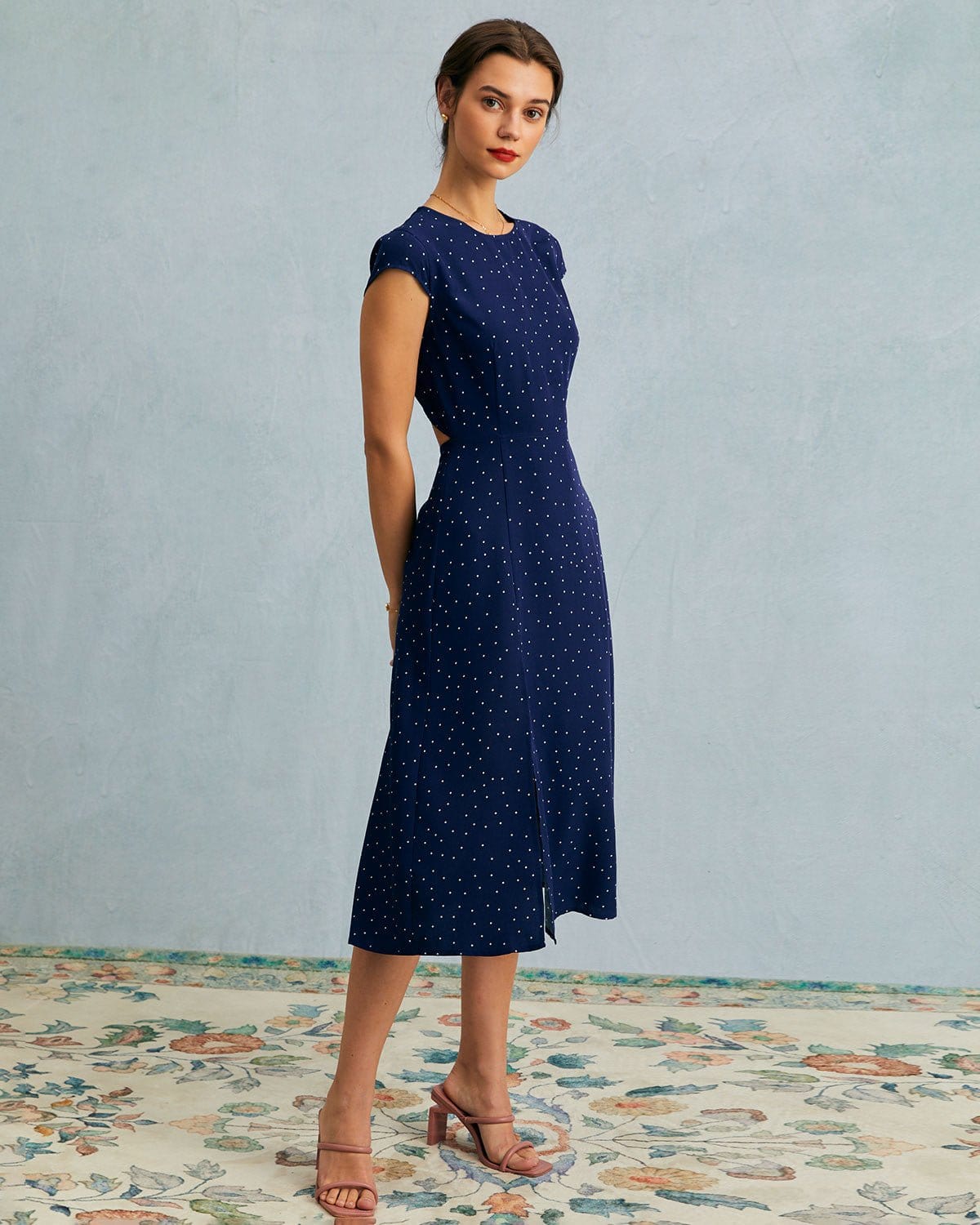 Navy Round Neck Polka Dot Cutout Midi Dress