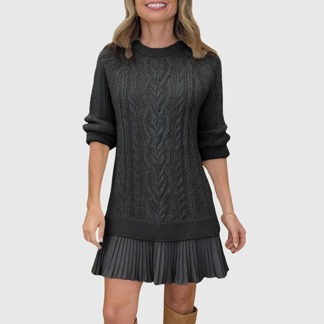 Camel Cable Knit Sweater Dress with Pleated Hem