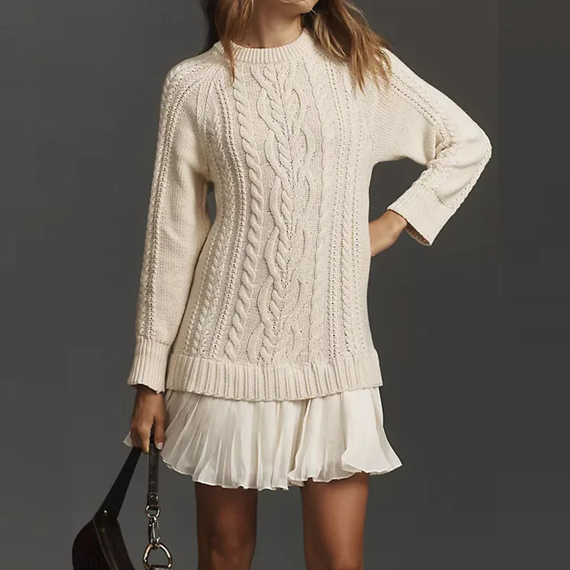 Camel Cable Knit Sweater Dress with Pleated Hem