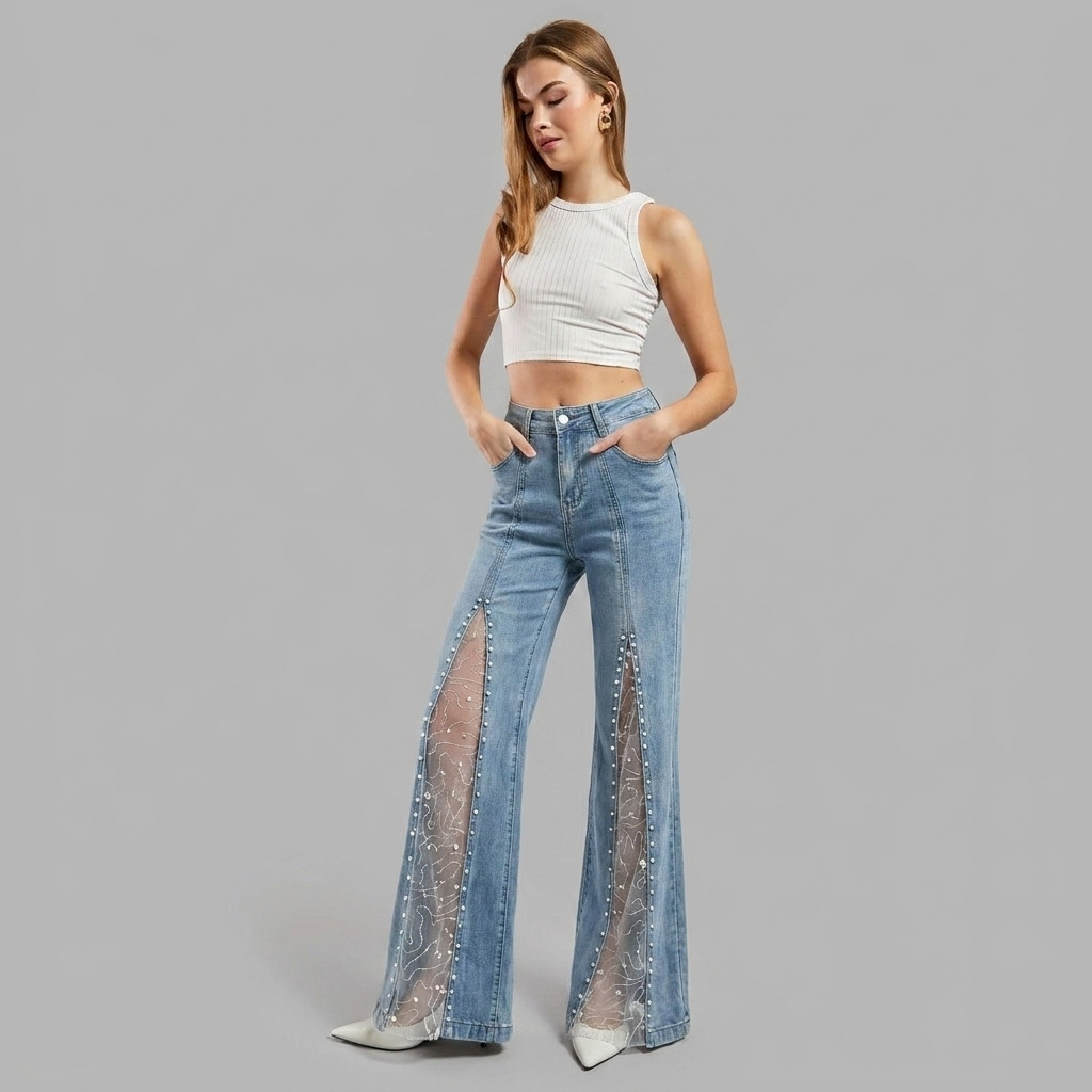 High-Waisted, Wide-Leg Flare Jeans with a Slit and Pearls