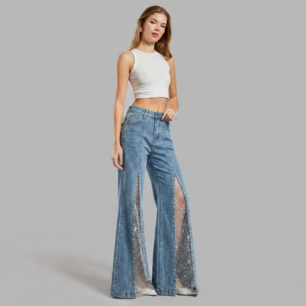 High-Waisted, Wide-Leg Flare Jeans with a Slit and Pearls