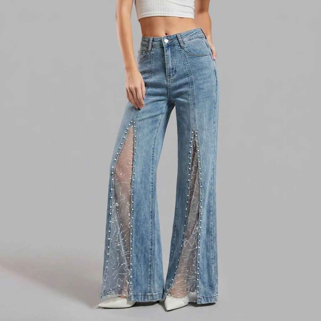 Baggy Jeans Women High Waist Wide Leg Pearl Lace