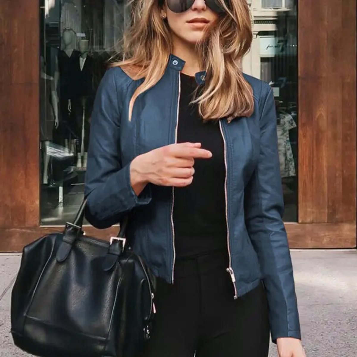 Women’s Short Leather Motorbike Jacket with Zip
