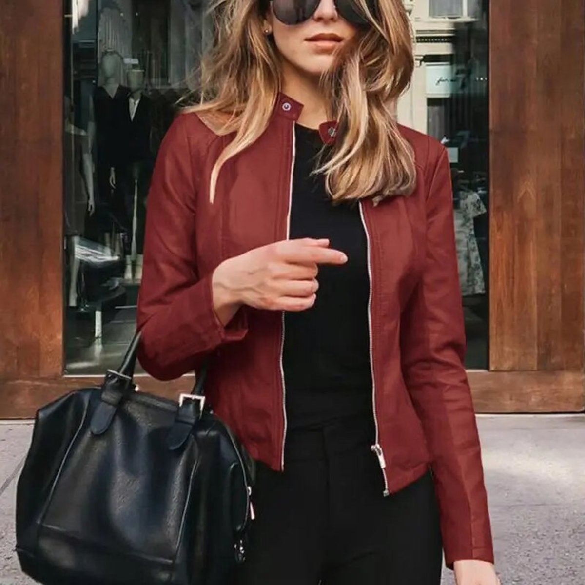 Women’s Short Leather Motorbike Jacket with Zip