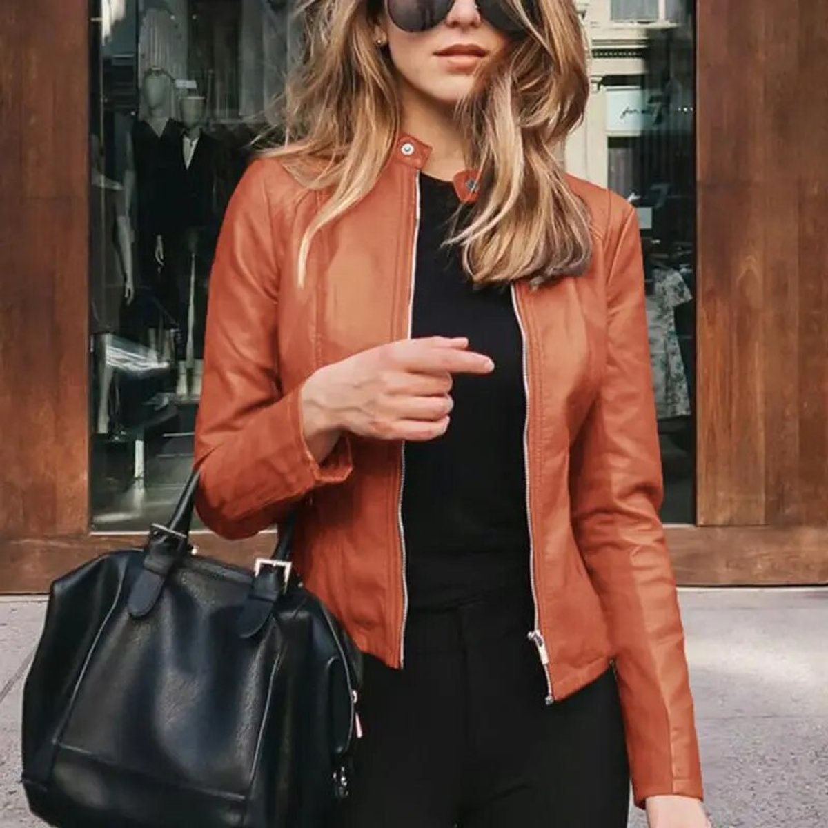 Women’s Short Leather Motorbike Jacket with Zip