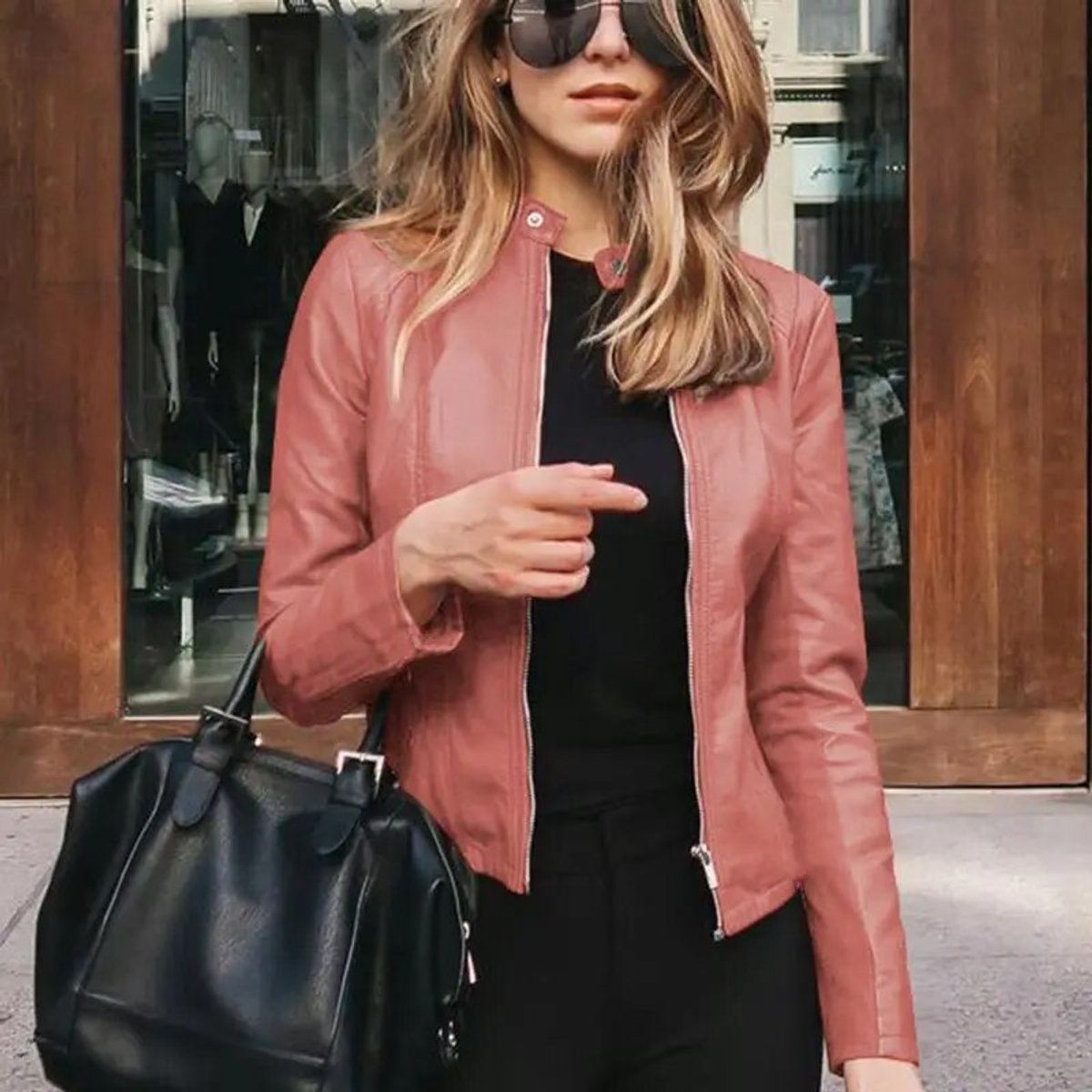 Women’s Short Leather Motorbike Jacket with Zip