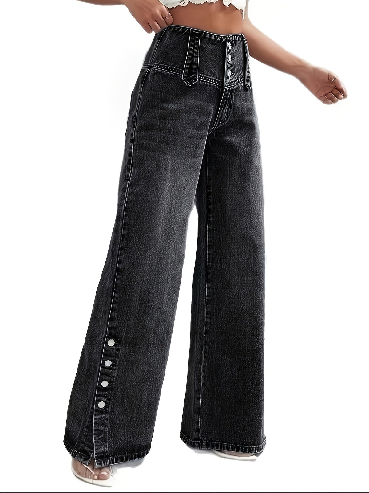 High-Waisted Black Jeans with Wide-Leg Split Hem