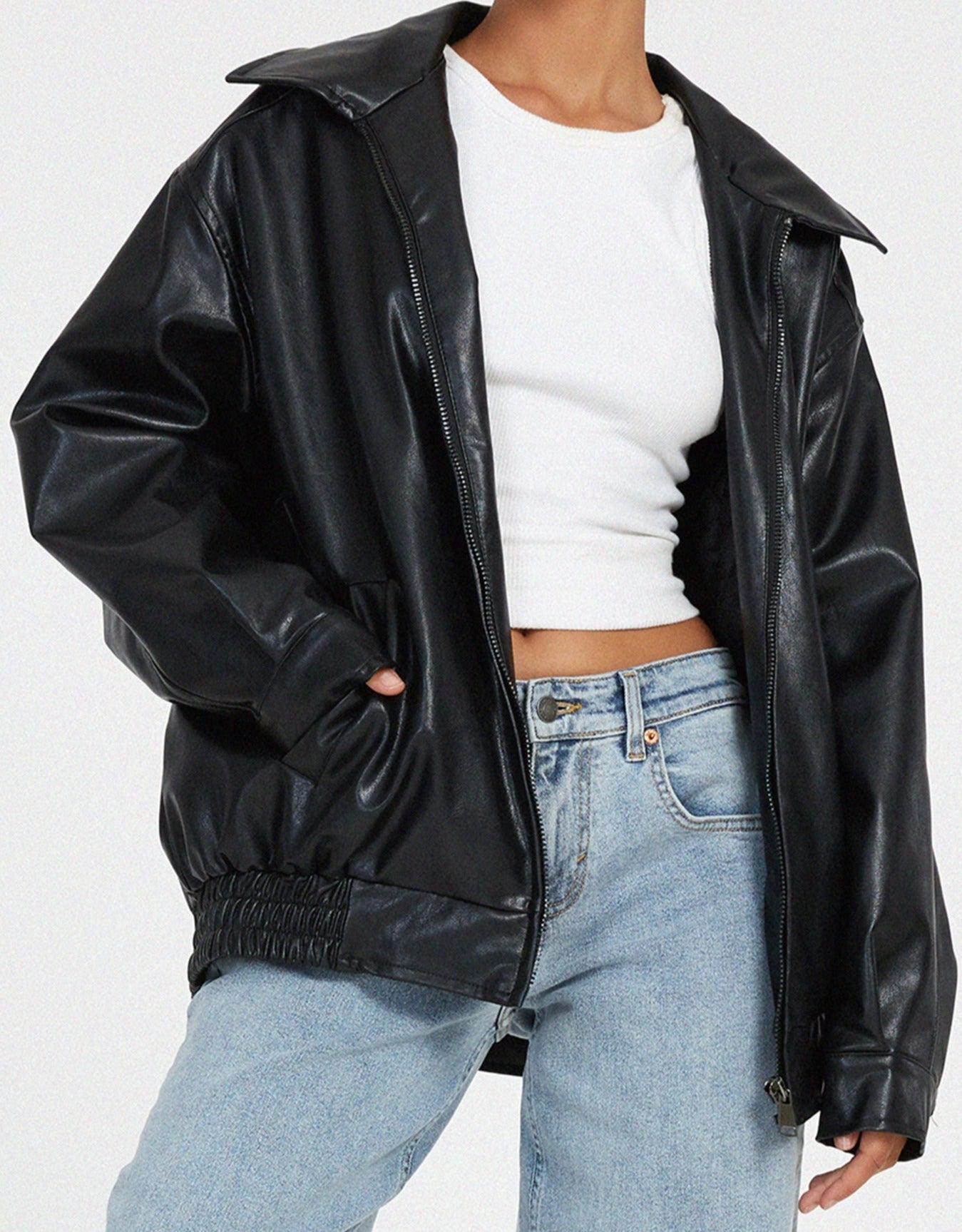 Oversized Women’s Faux Leather Jacket with Collar and Front Zip