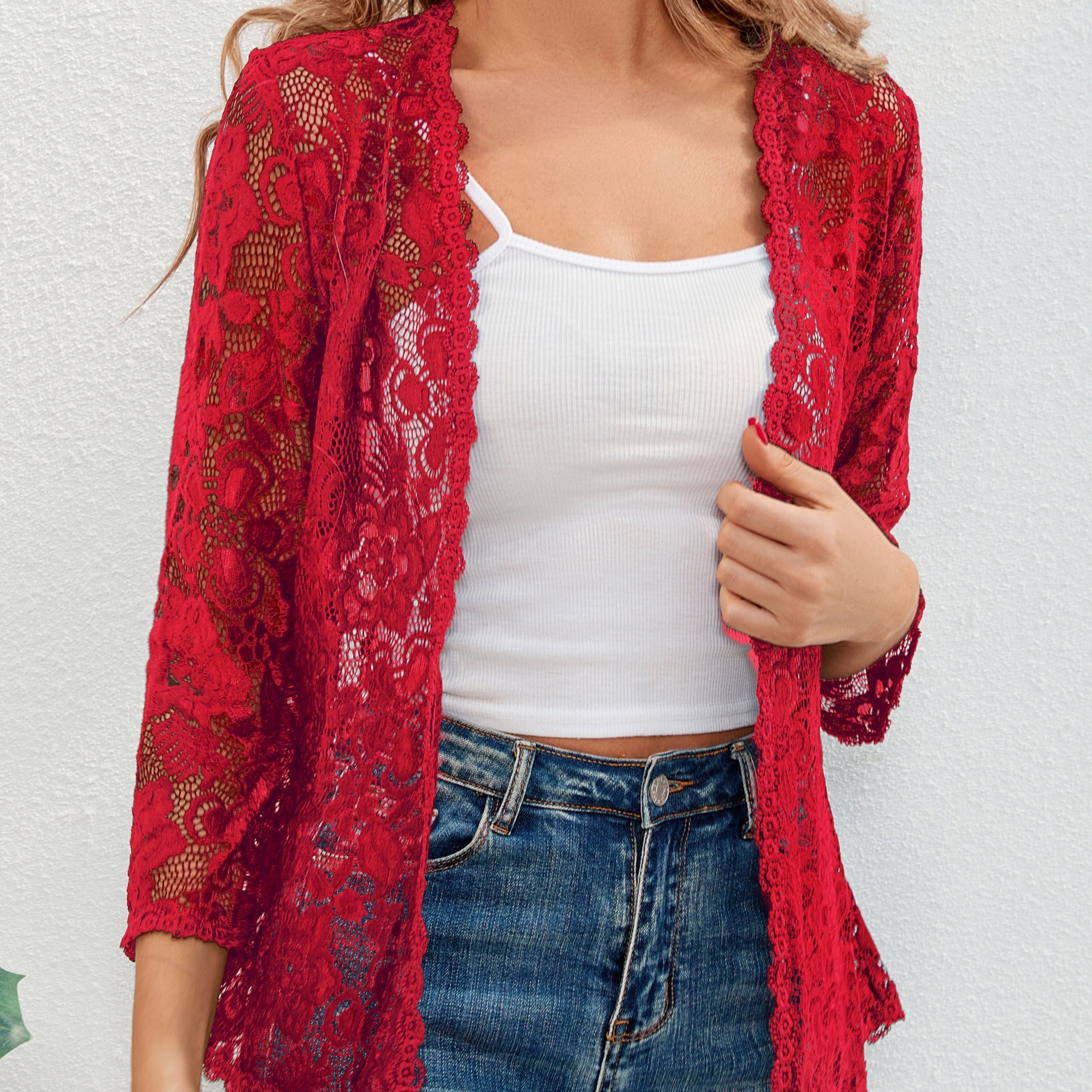 Cardigan Donna Traforato Floreale con Apertura Frontale