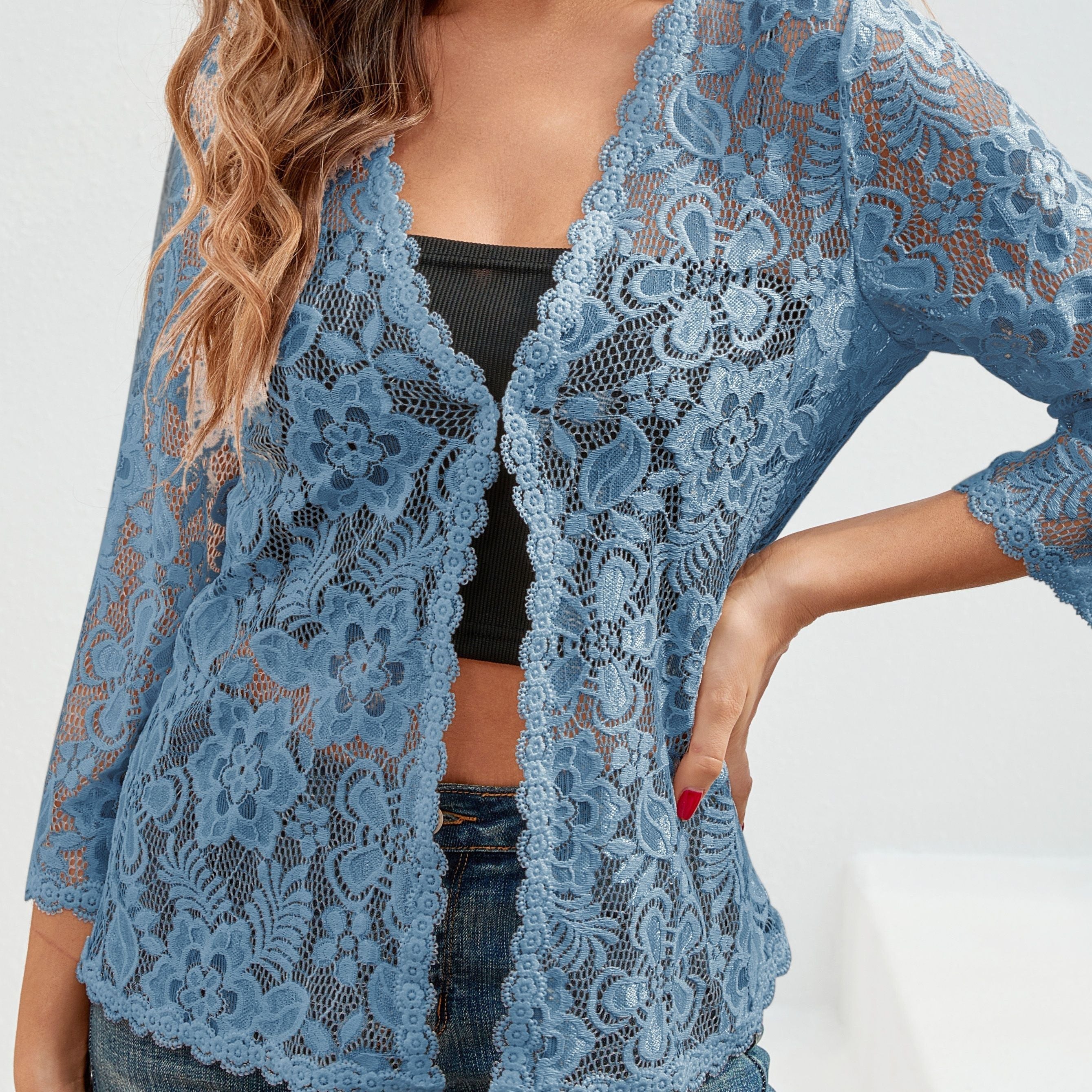 Cardigan Donna Traforato Floreale con Apertura Frontale