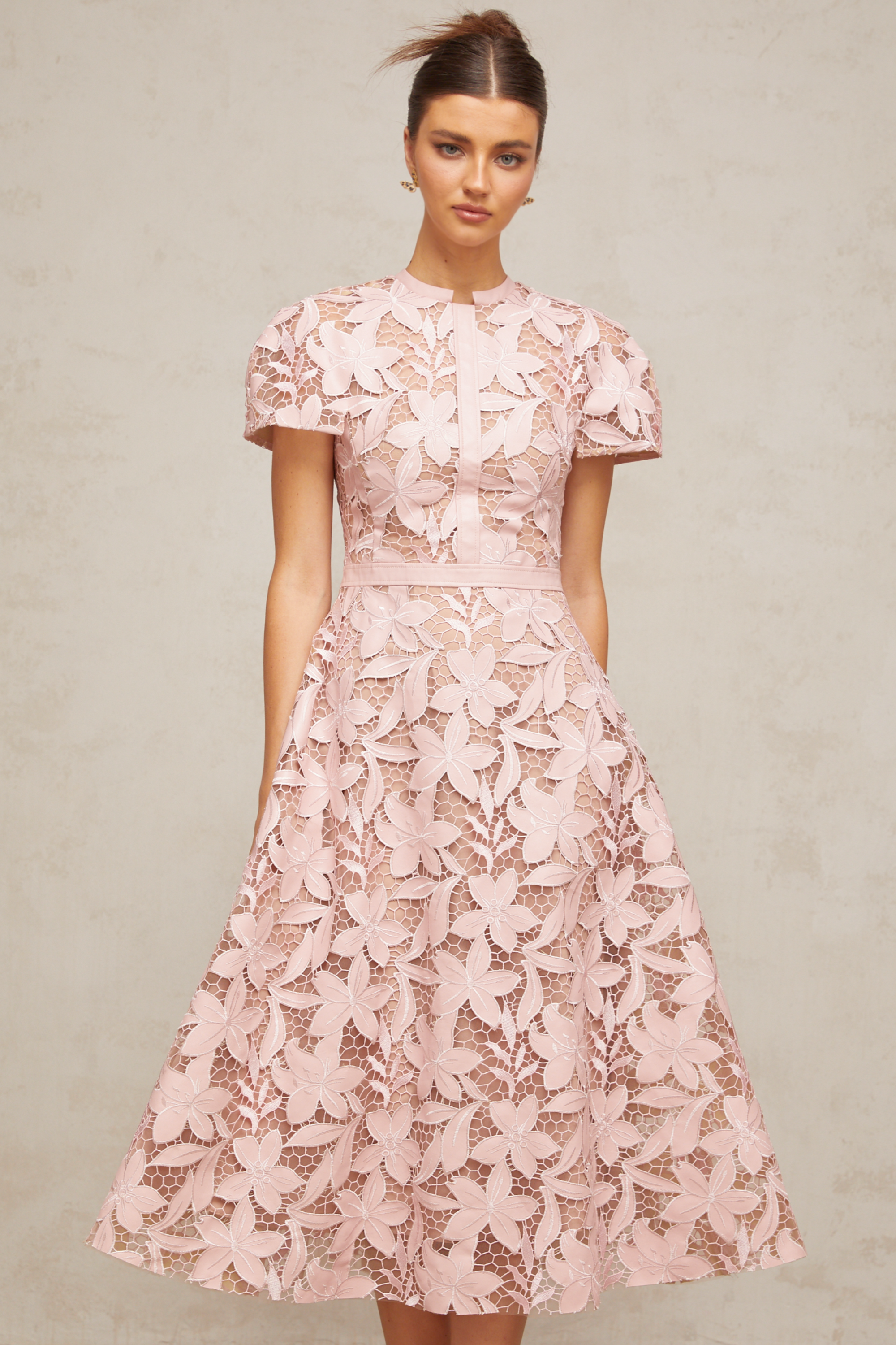 Chic Pink Lace Floral Occasion Midi Dress