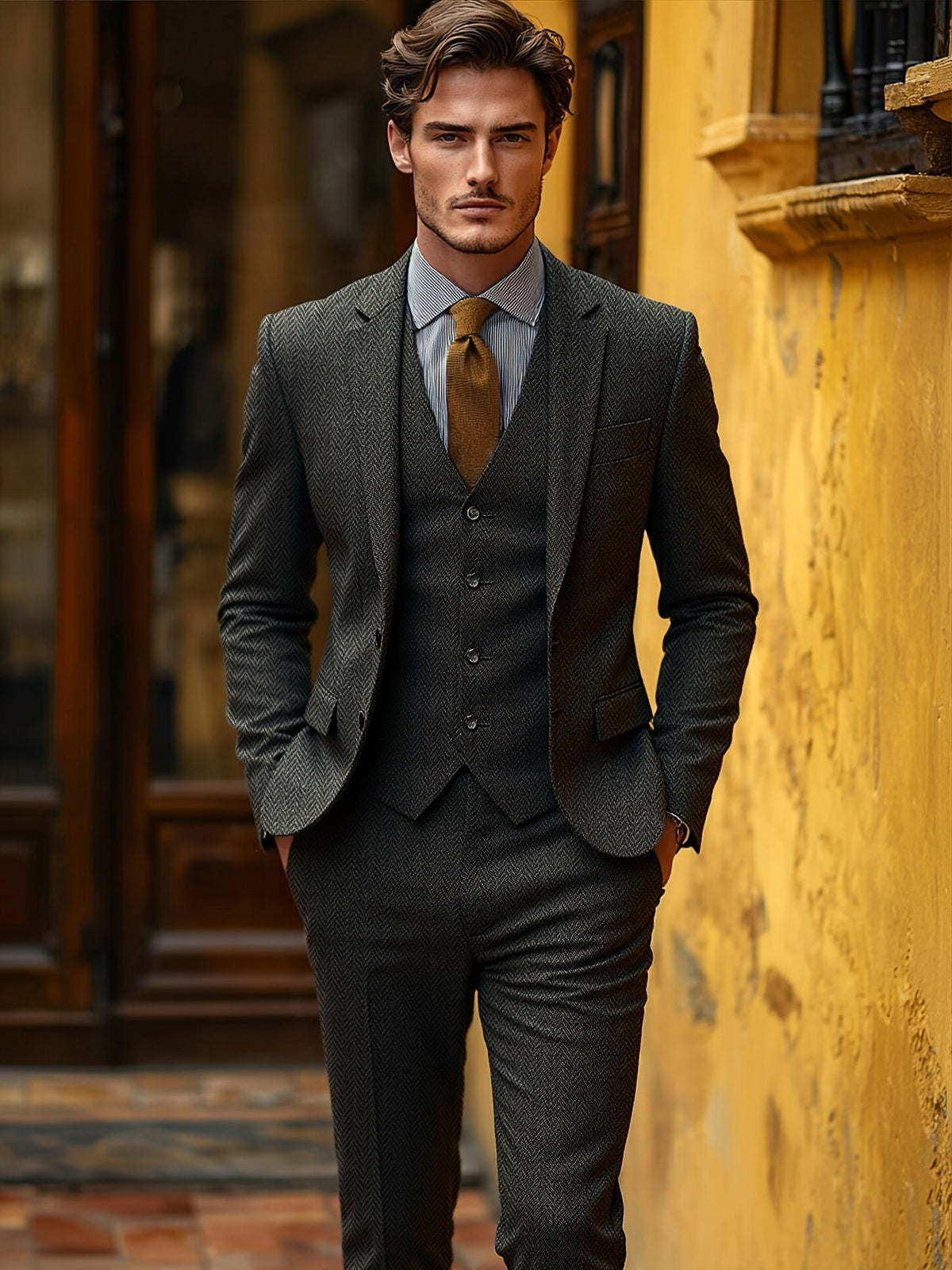 Men's Suit 3-Piece Herringbone Formal Set
