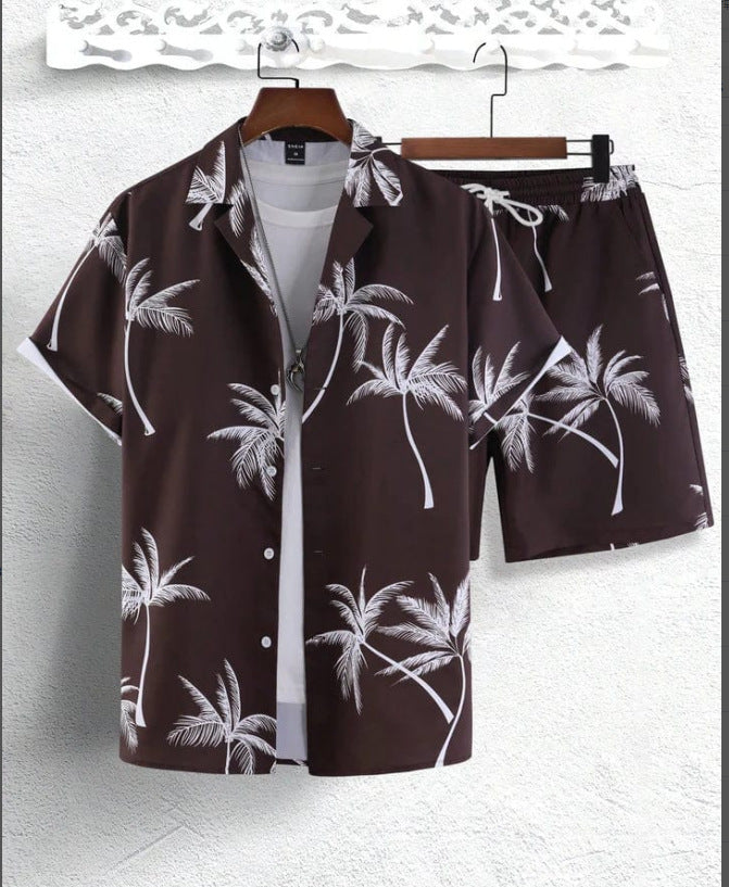 Men’s Casual Palm Print Shirt and Shorts Outfit