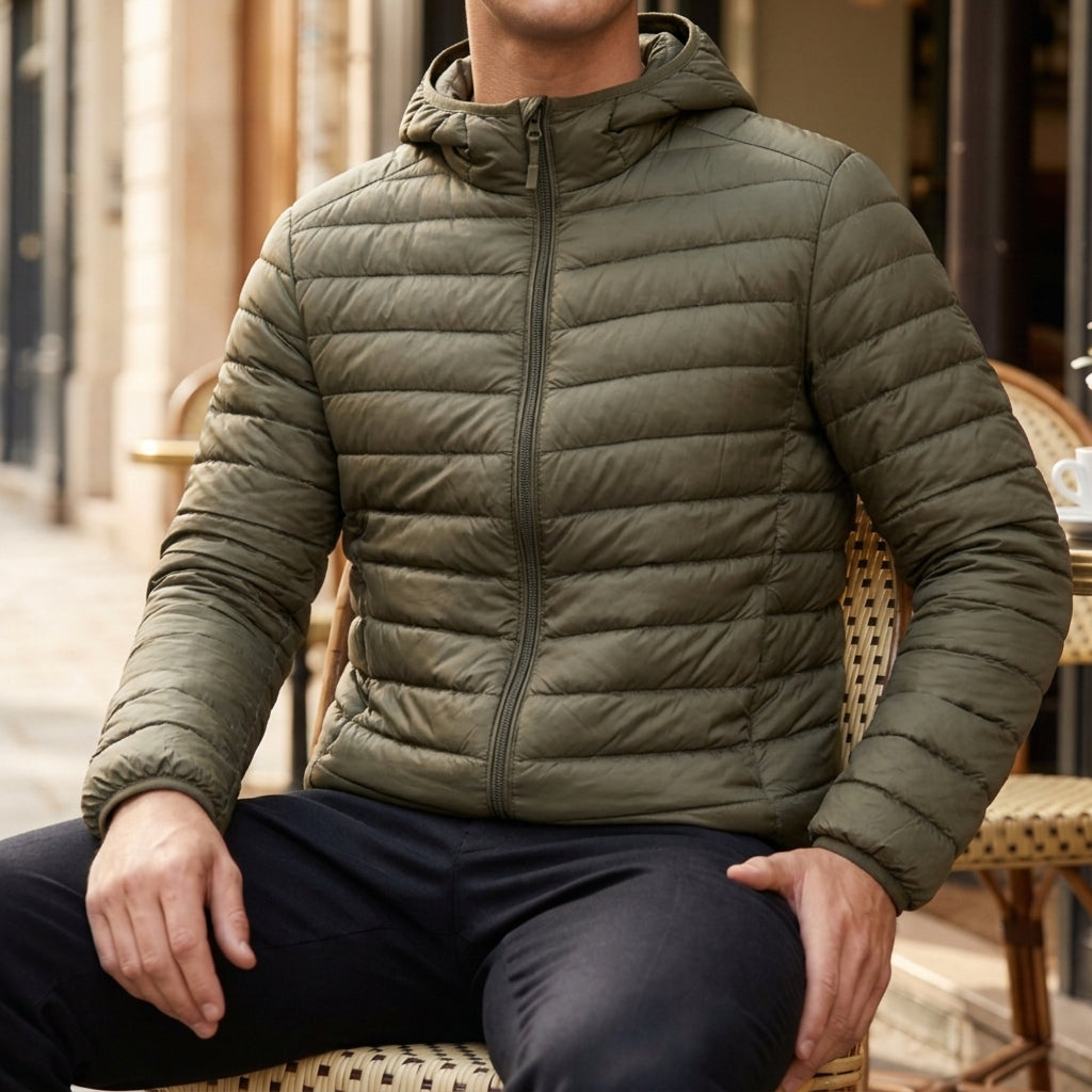 Men’s Puffer Jacket Elegant Quilted Hooded Cotton-Blend