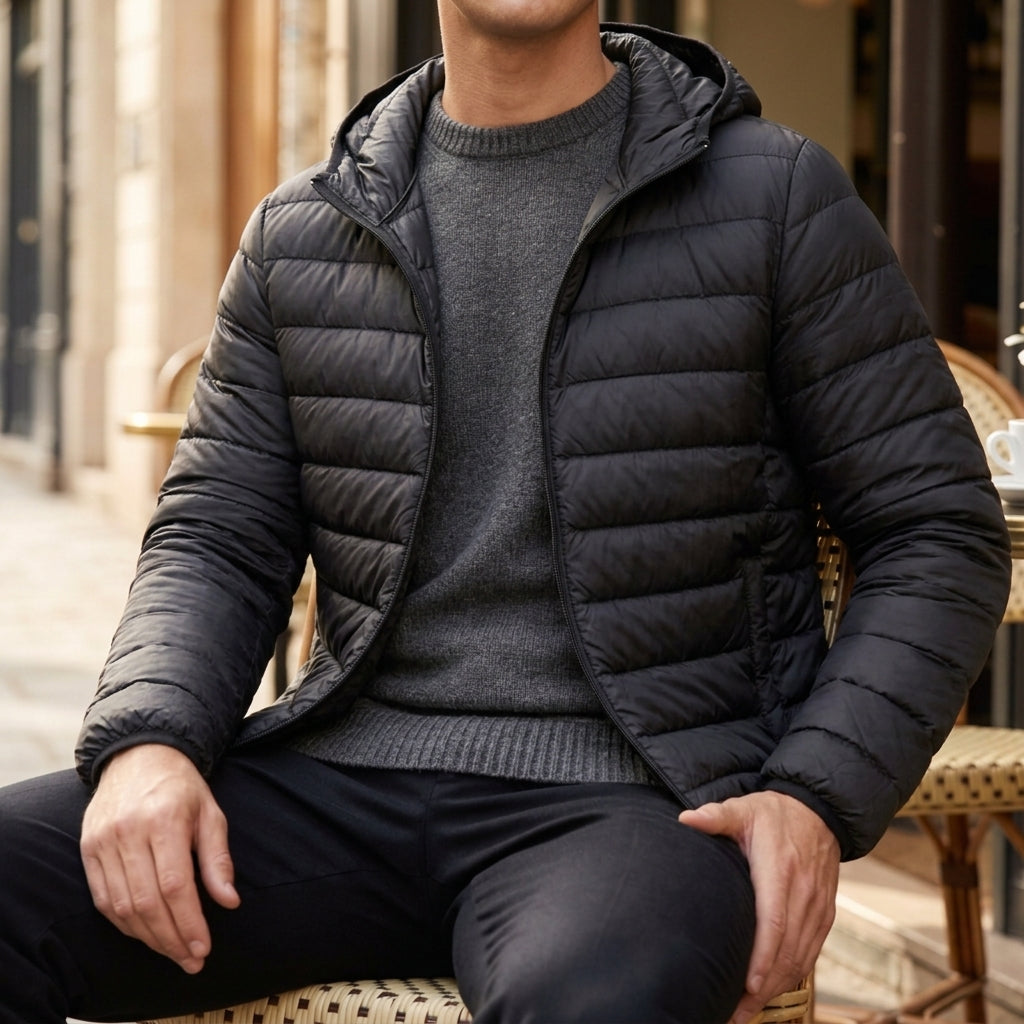 Men’s Puffer Jacket Elegant Quilted Hooded Cotton-Blend