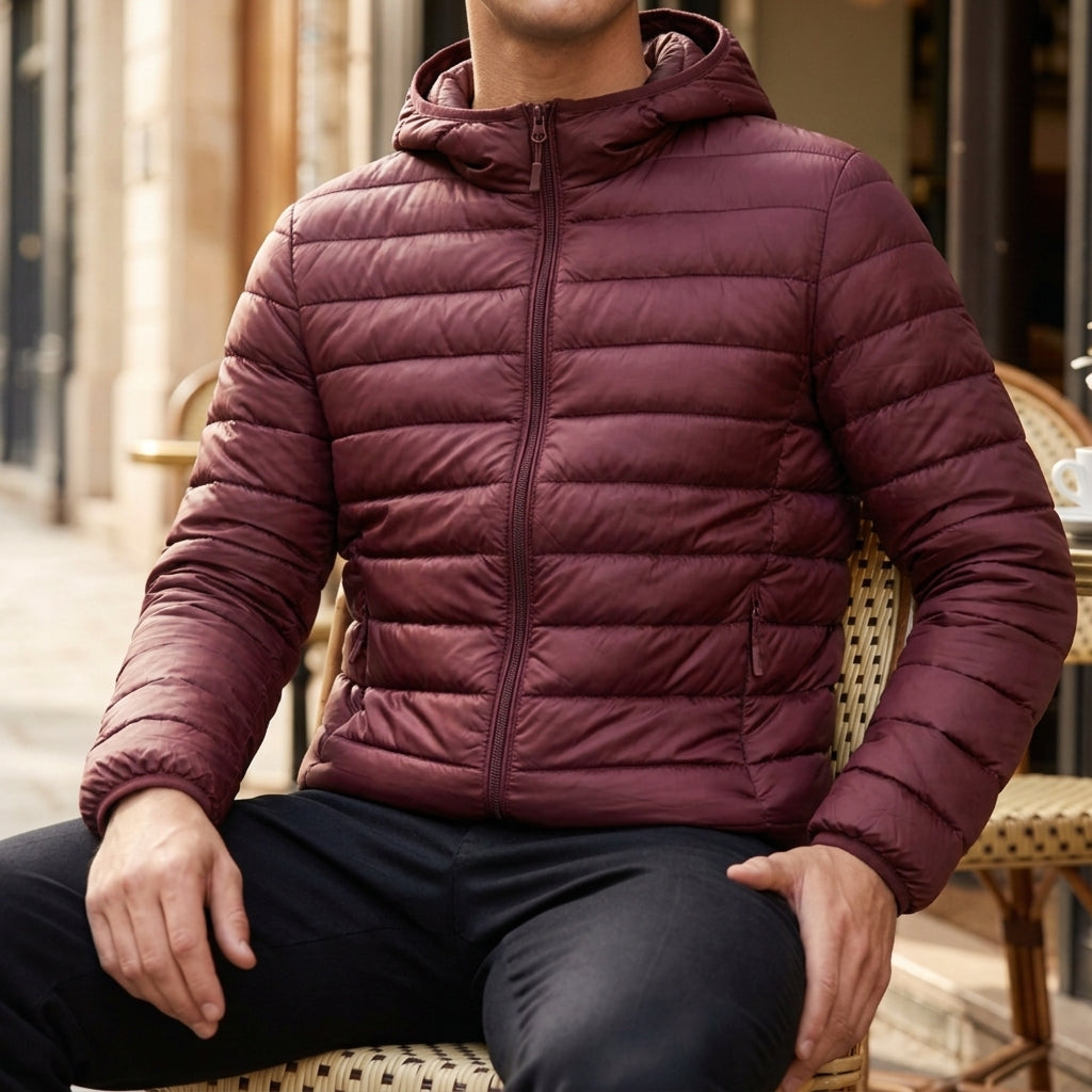 Men’s Puffer Jacket Elegant Quilted Hooded Cotton-Blend
