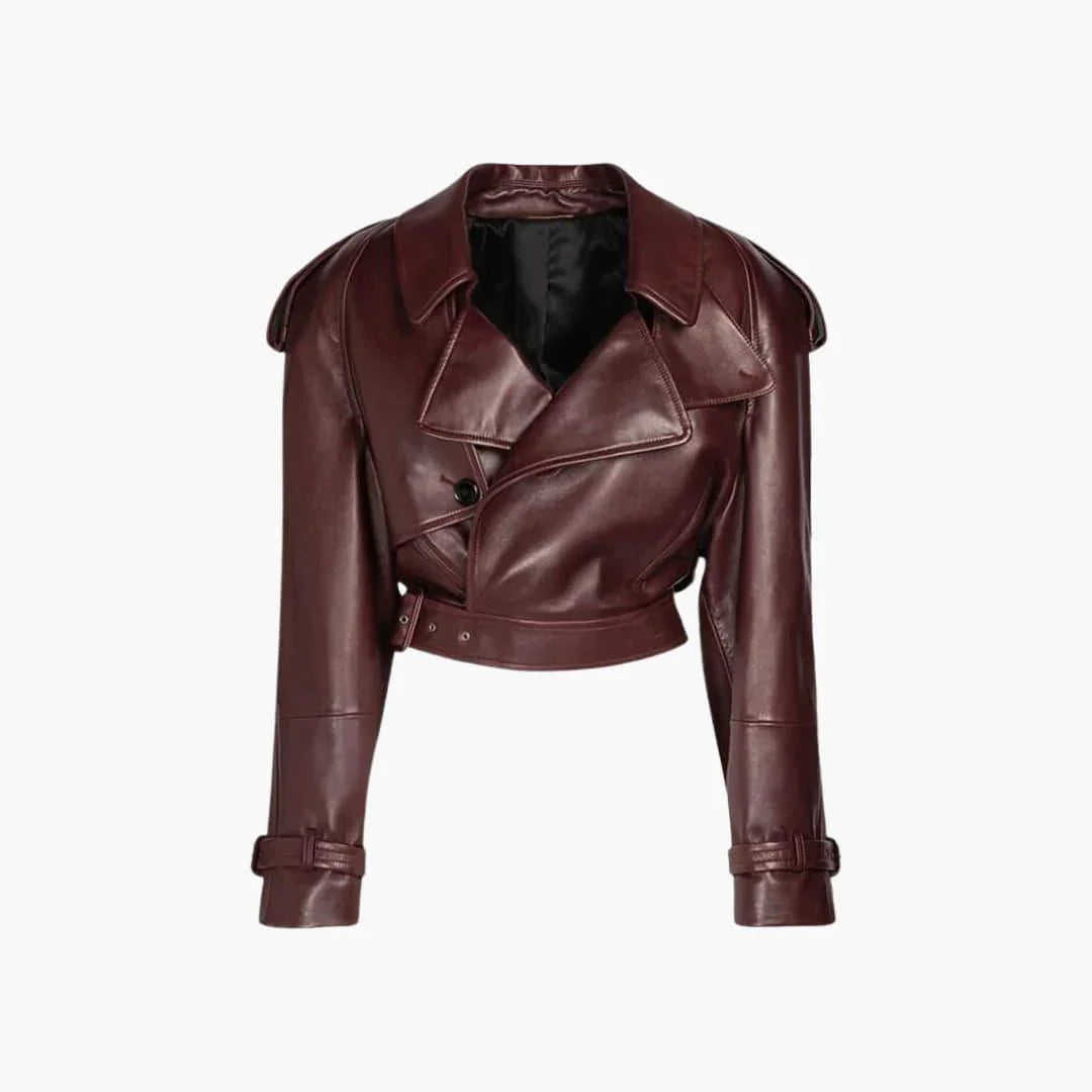 Women’s Short Brown Leather Jacket with Belt and Lapels