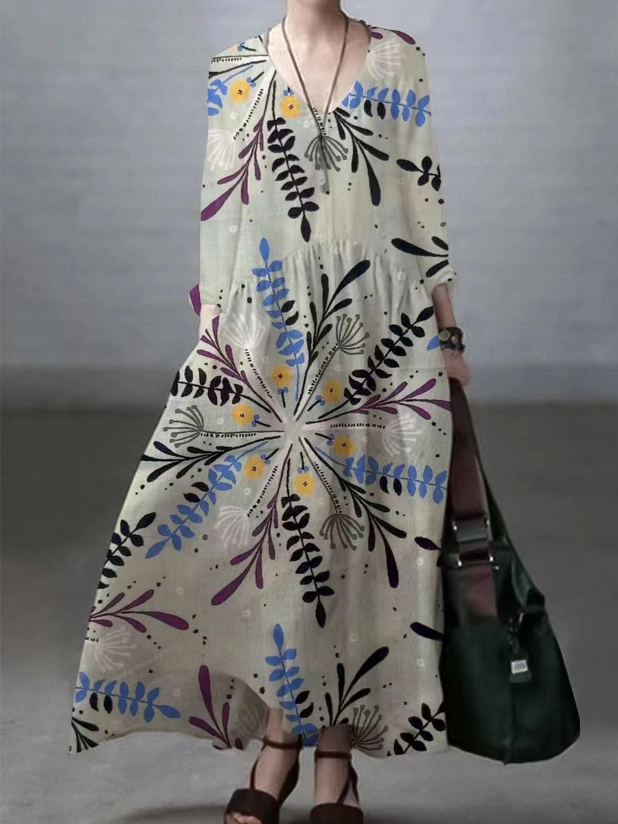 Loose V-Neck Cotton Linen Maxi Dress