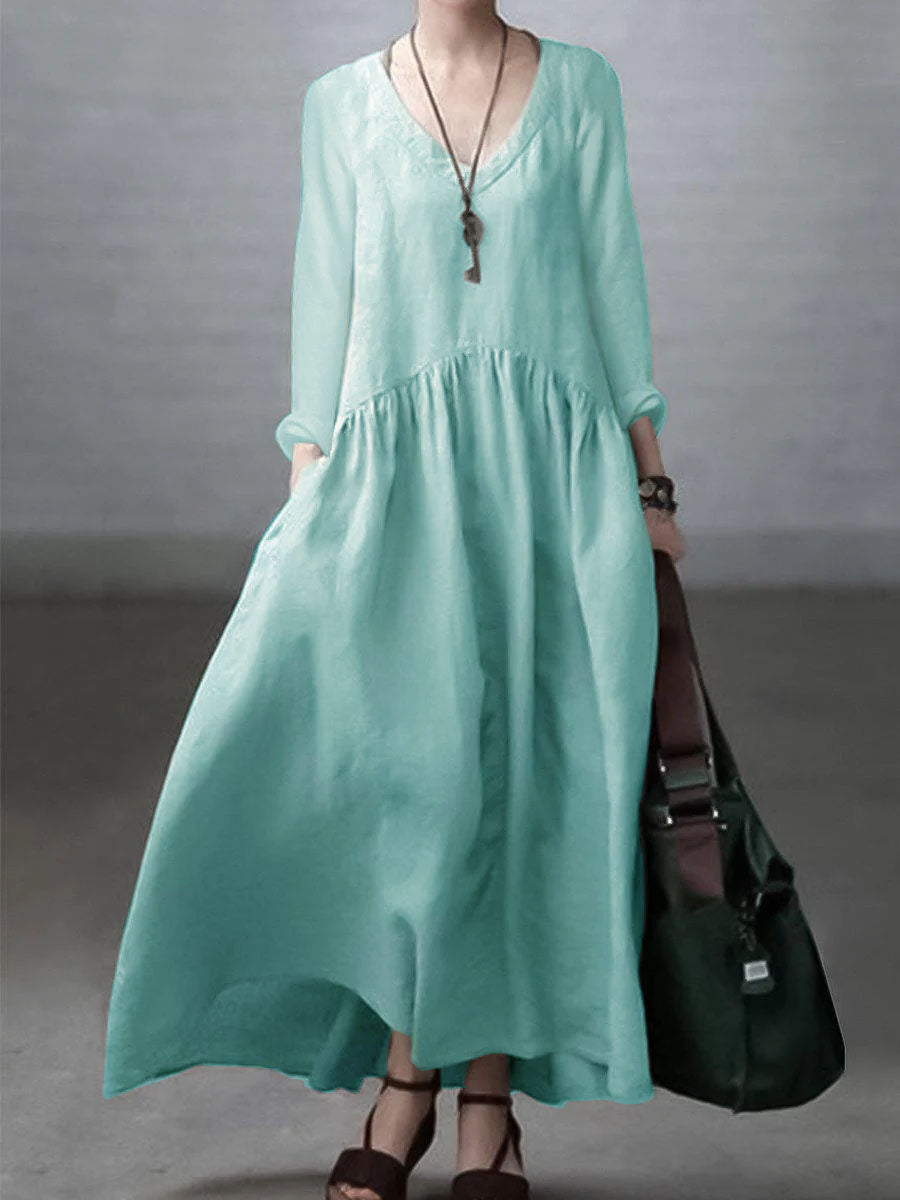 Loose V-Neck Cotton Linen Maxi Dress