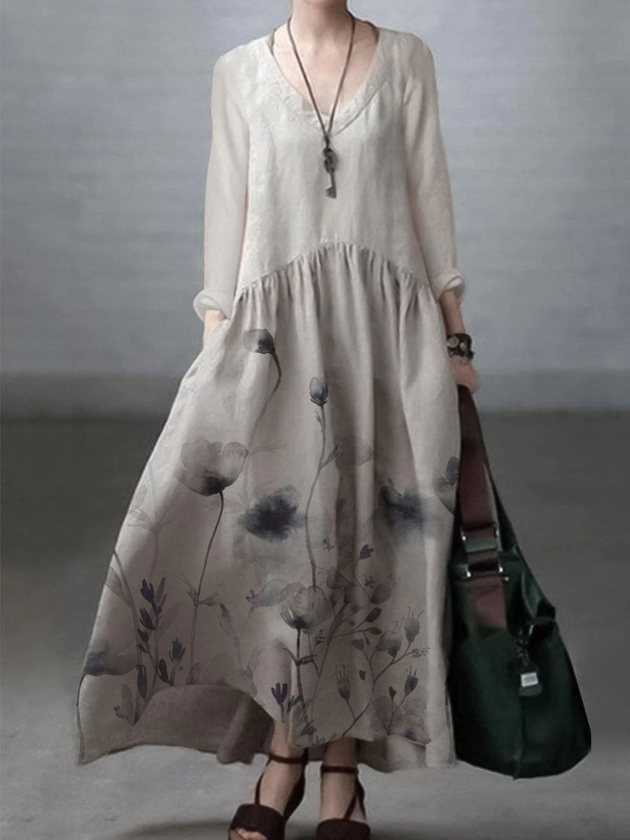 Loose V-Neck Cotton Linen Maxi Dress