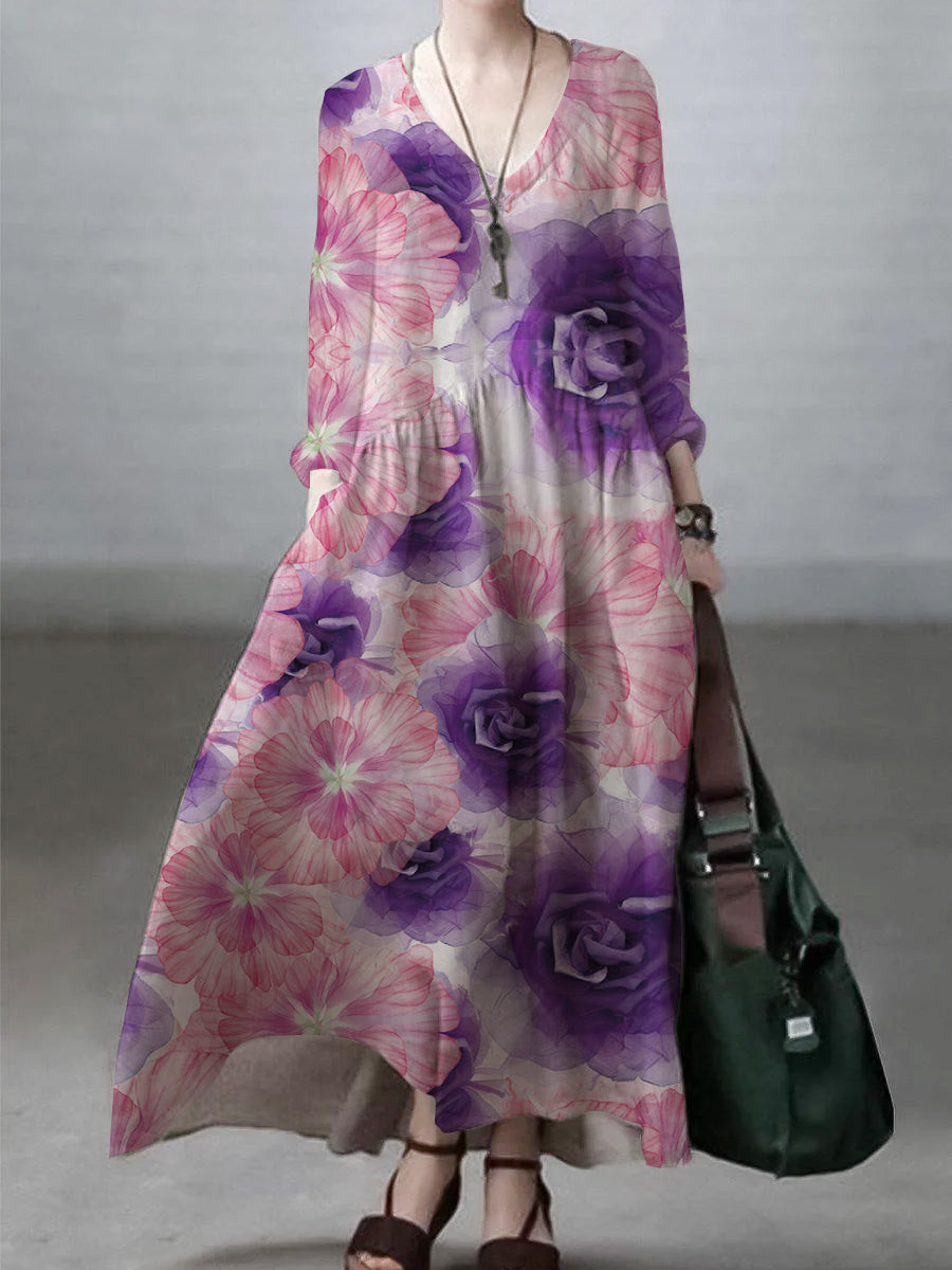 Loose V-Neck Cotton Linen Maxi Dress