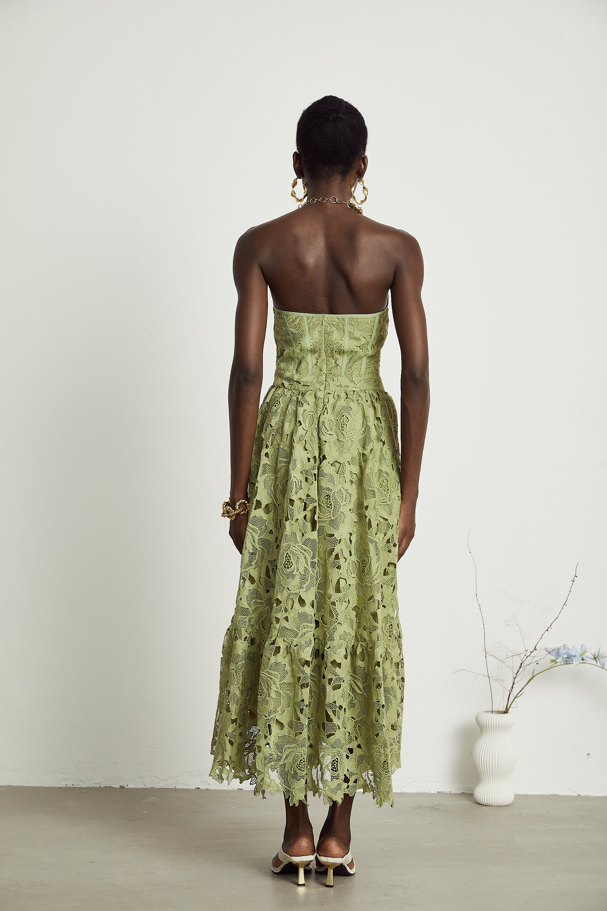 Elegant Green Embroidered Formal Midi Dress