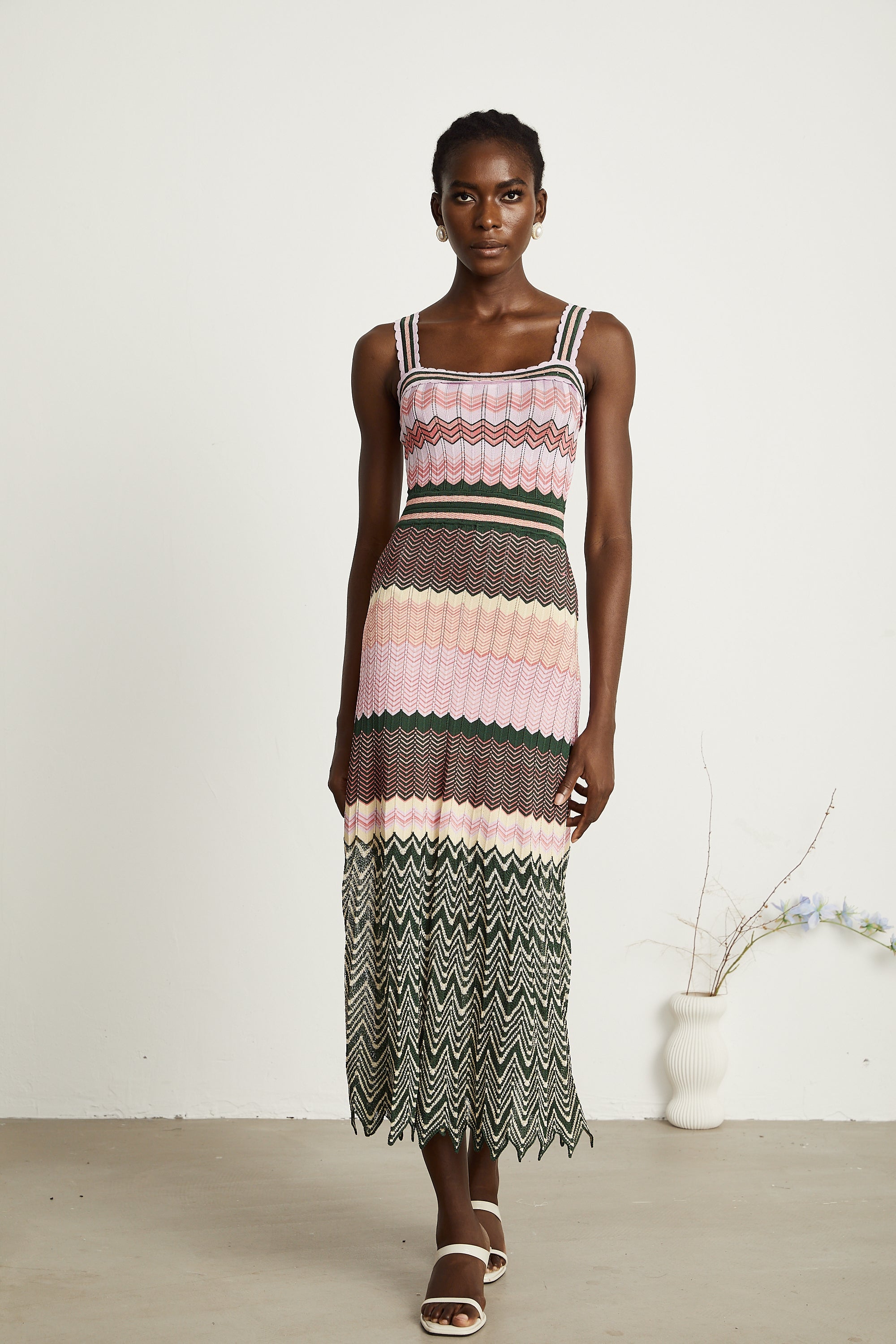 Contrast Color Knitted Midi Dress