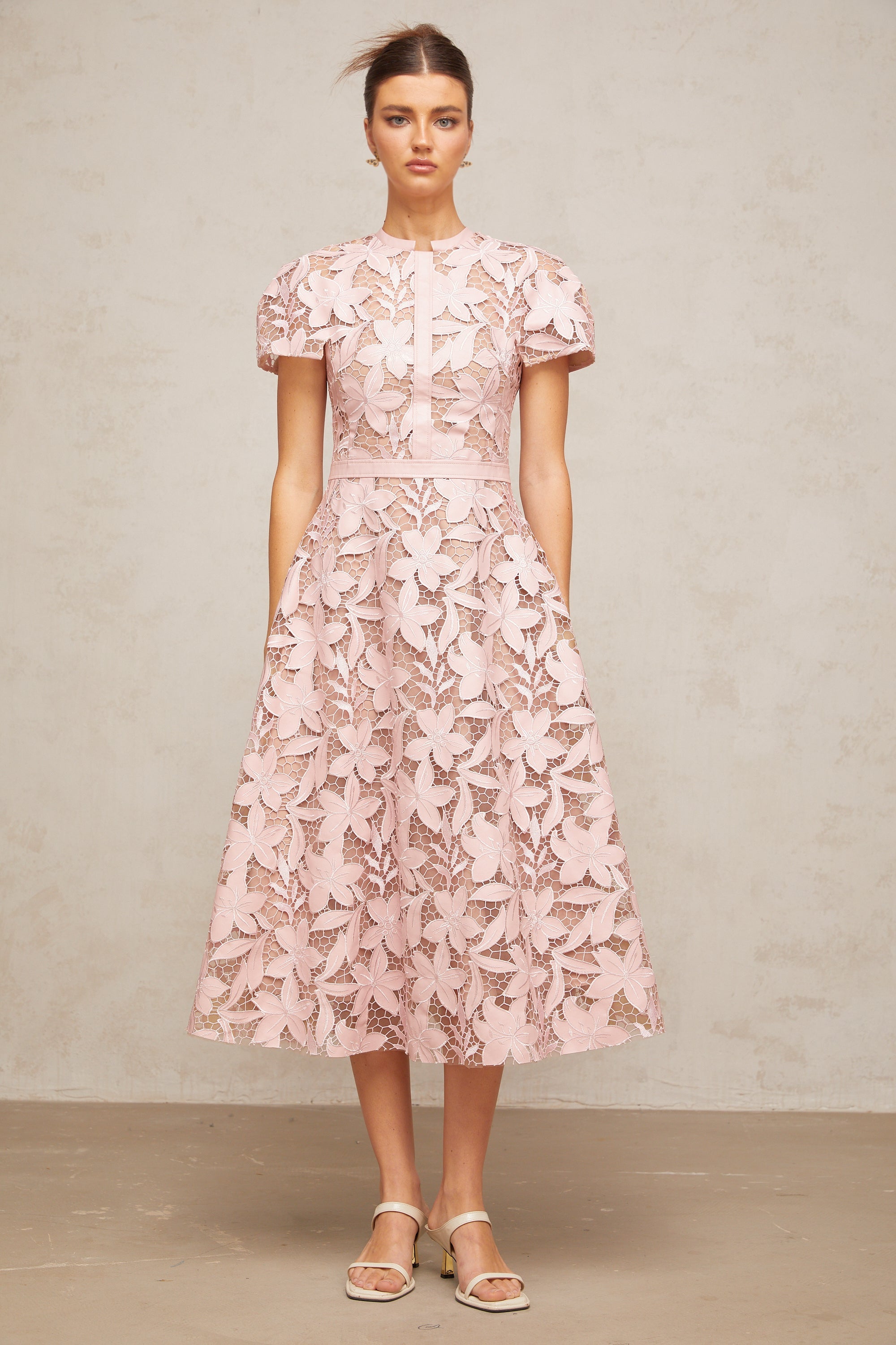 Chic Pink Lace Floral Occasion Midi Dress