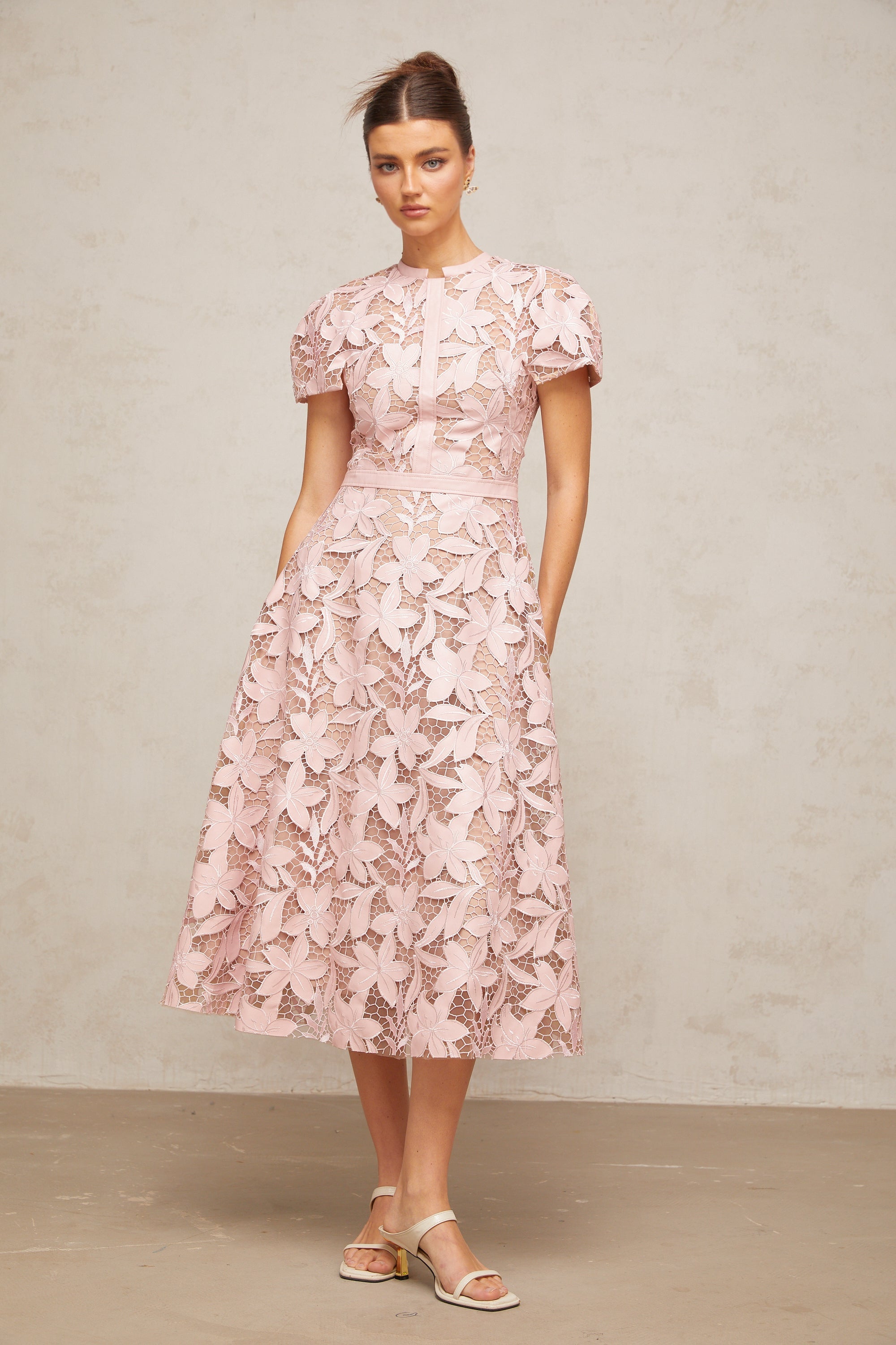 Chic Pink Lace Floral Occasion Midi Dress