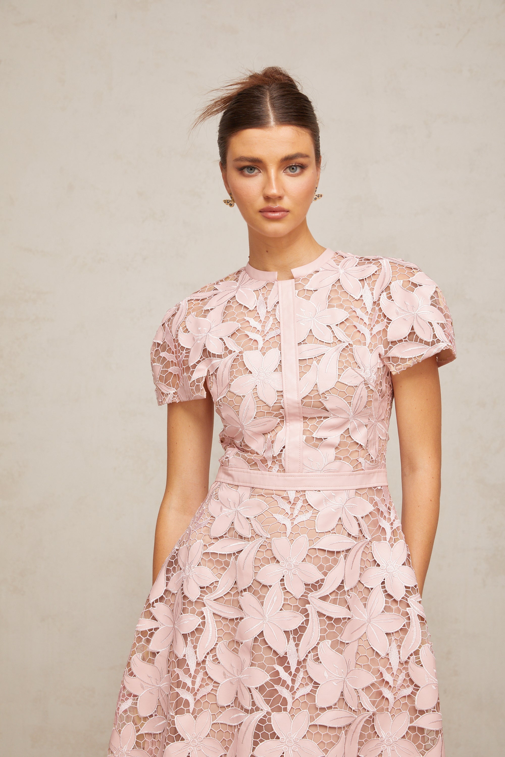 Chic Pink Lace Floral Occasion Midi Dress