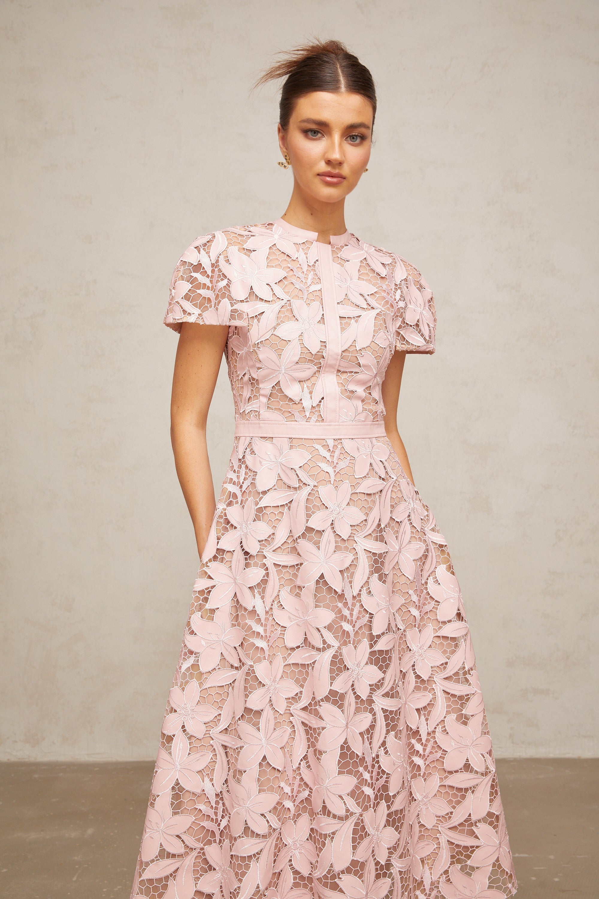 Chic Pink Lace Floral Occasion Midi Dress