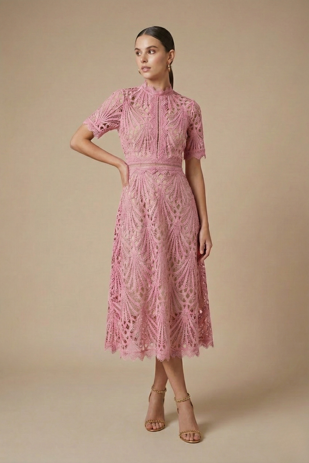Elegant Midi Lace Dress – High Neck Silhouette
