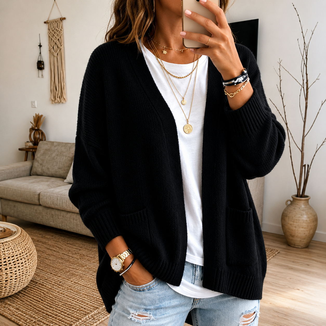 Oversized Open-Front Women's Cardigan with Pockets