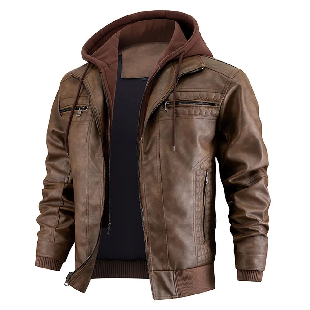Men's Slim-Fit Leather Coat with Hood