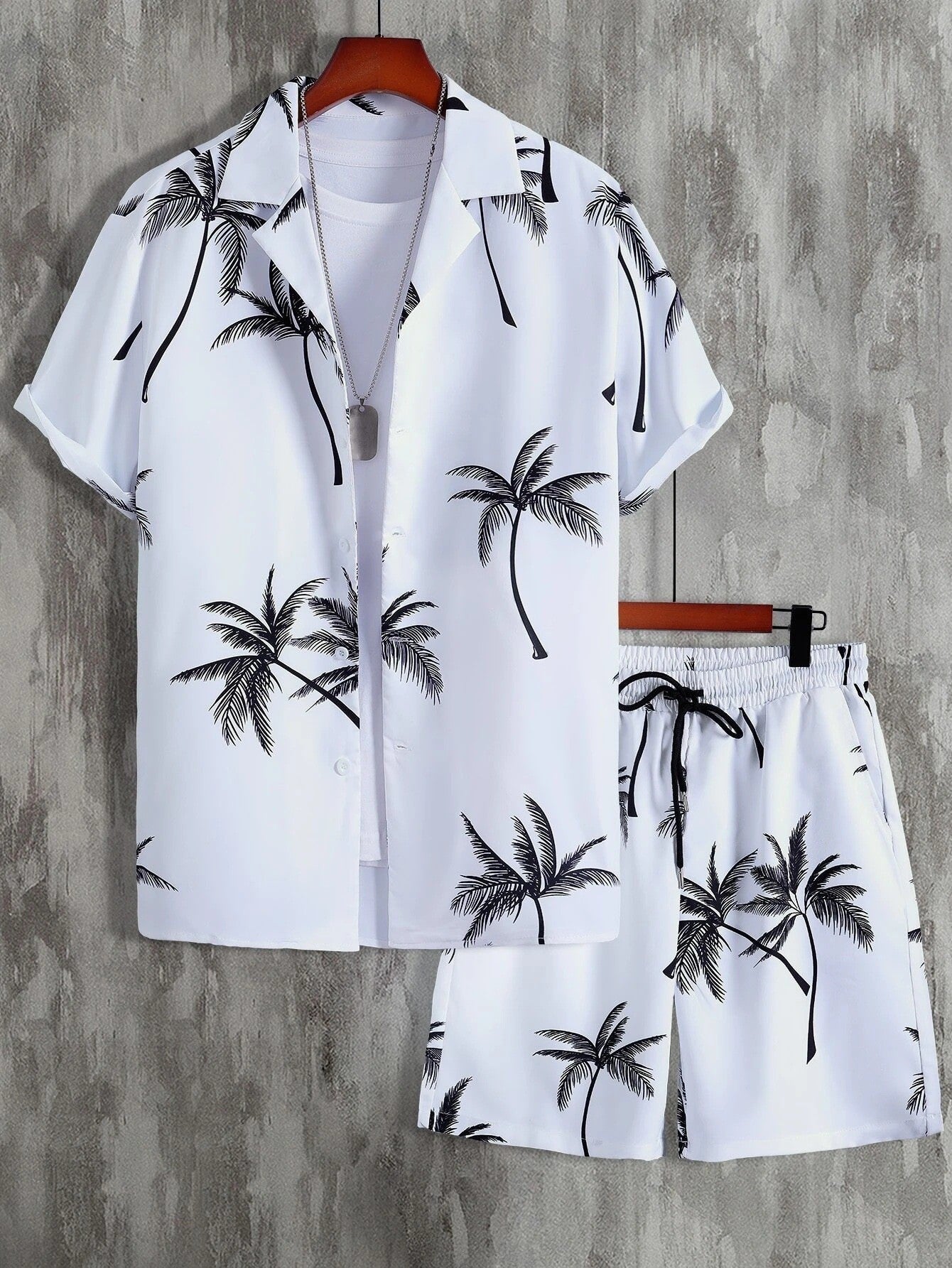 Men’s Casual Palm Print Shirt and Shorts Outfit