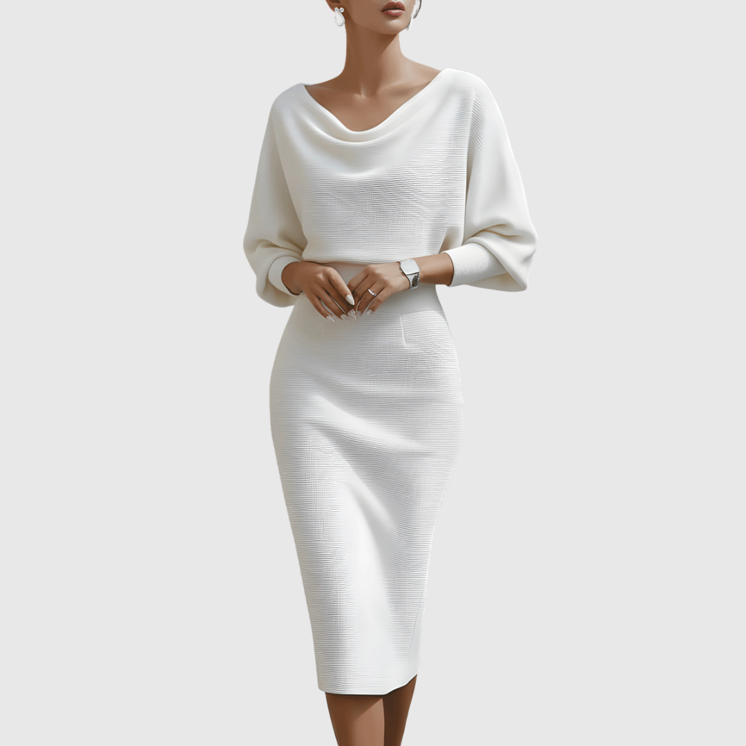 Elegant White Batwing Sleeve Midi Dress